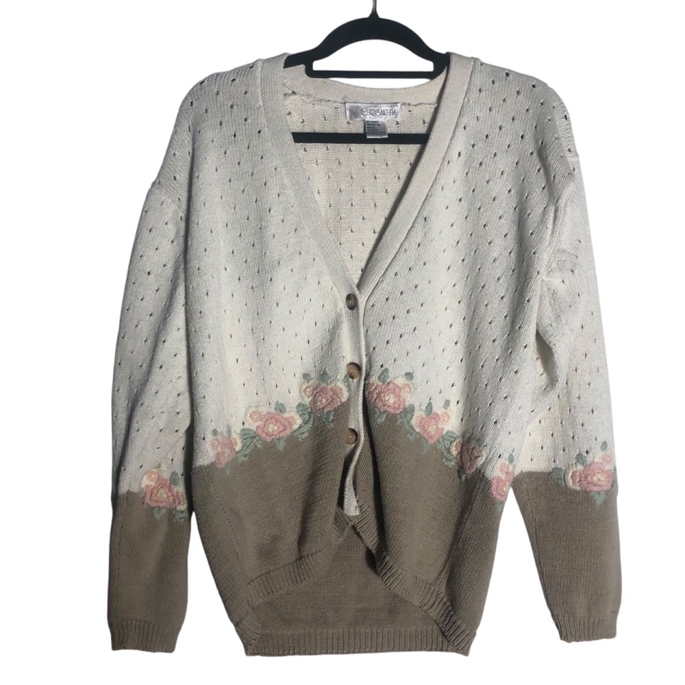 Chrysantheme cottage core heavyweight embroidered cardigan sweater Sz Lg